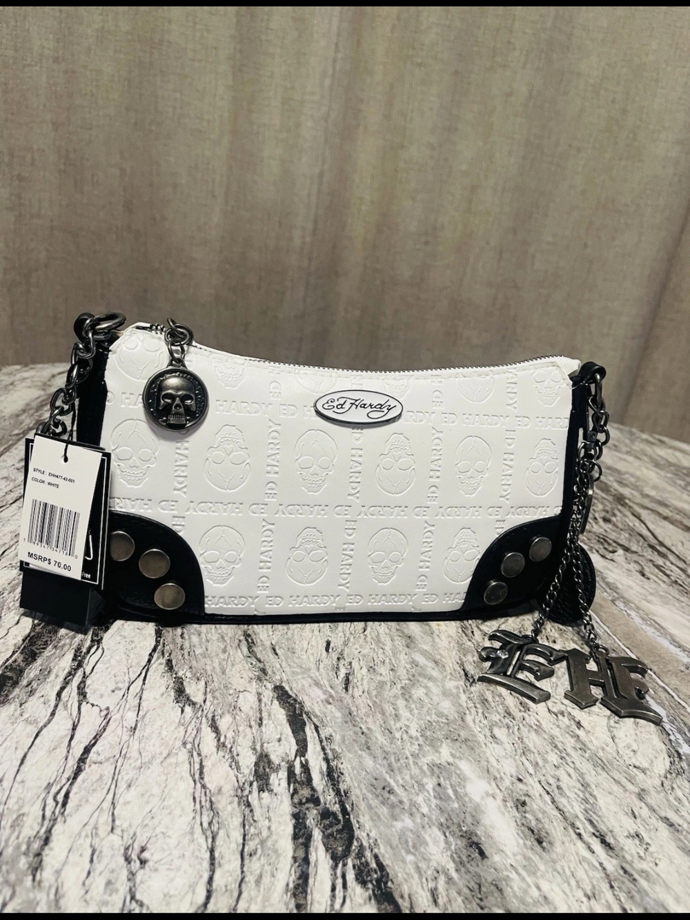 Ed Hardy White and Black Embossed Skull Shoulder Bag